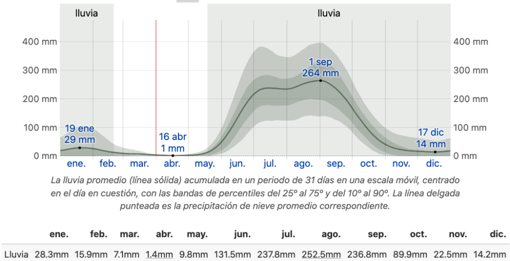 Gráfica detallada en milímetros del Promedio mensual de lluvia en Puerto Vallarta para 2026, con picos de precipitación en los meses de verano