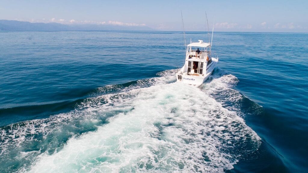 Vista aérea de la lancha Isabella 44 ft desde la popa.