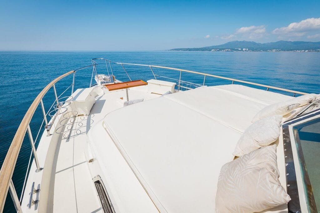 Amplio asoleadero en proa con colchonetas para tomar el sol.