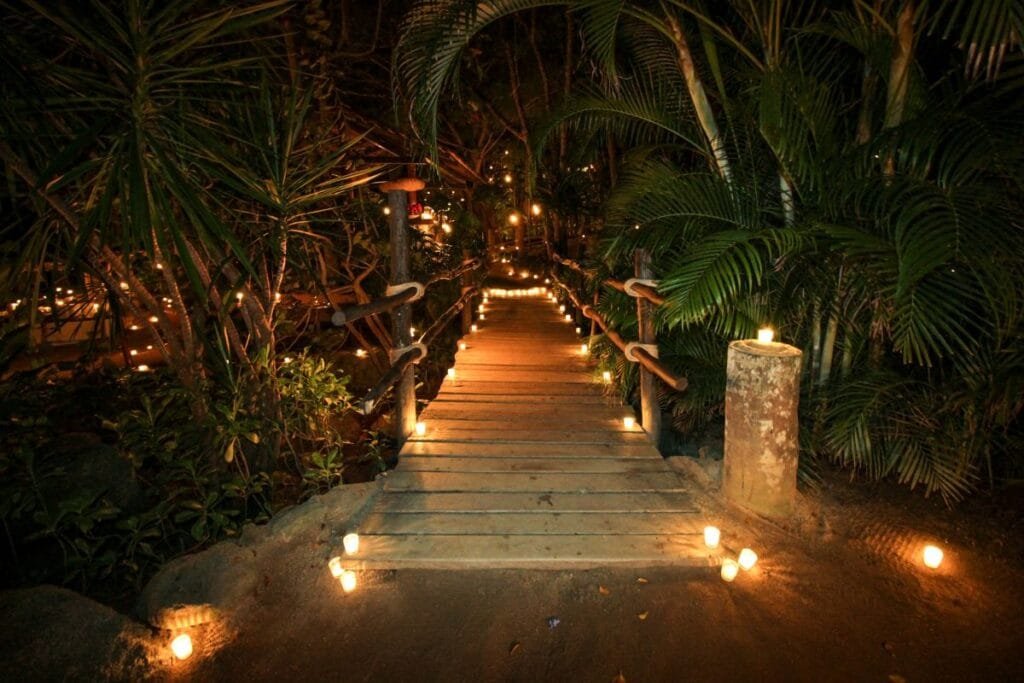 Sendero iluminado por velas y antorchas en la selva de Vallarta.