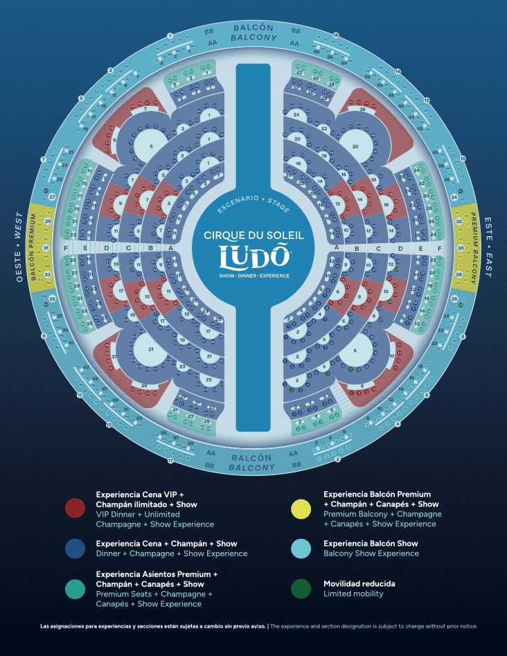Mapa de secciones y distribución de asientos en el teatro LUDO Vidanta.