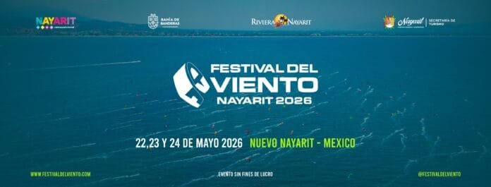 guia-festival-del-viento-bucerias-2026-portada Vista panorámica de cometas de kitesurf en el mar de la Riviera Nayarit para la Guía Festival del Viento Bucerías 2026.