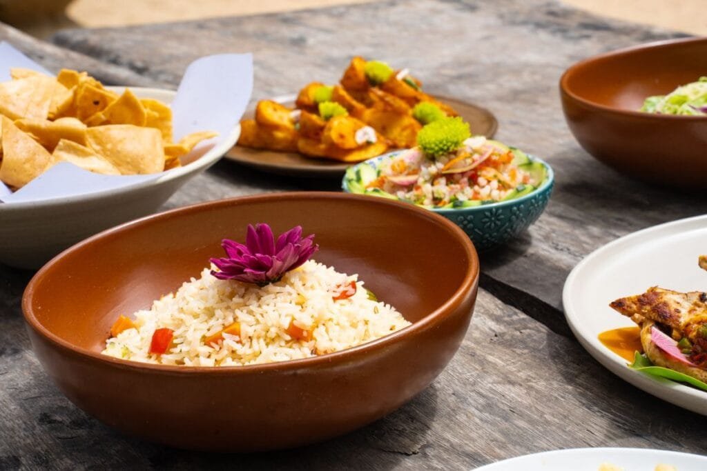 Variedad de platillos gourmet y guarniciones frescas en el tour Cascada Yelapa & Majahuitas Beach BBQ.