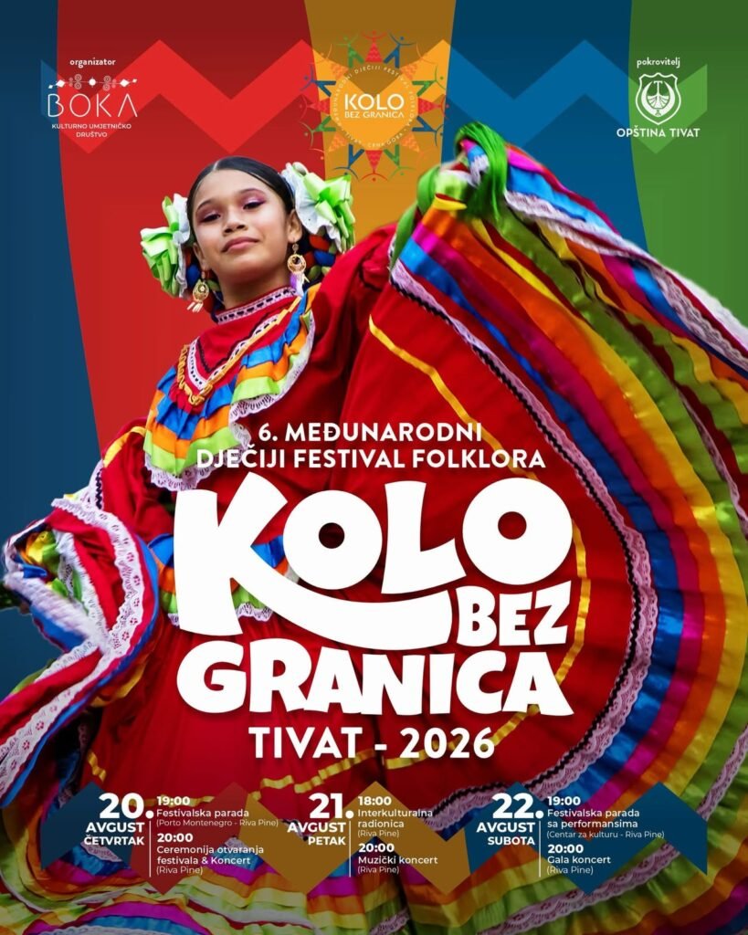Vallarta Azteca Infantil Conquista Europa con Orgullo 1 Cartel oficial del 6 Festival Internacional de Danza Folclorica Kolo bez Granica en Tivat Montenegro con bailarina mexicana.