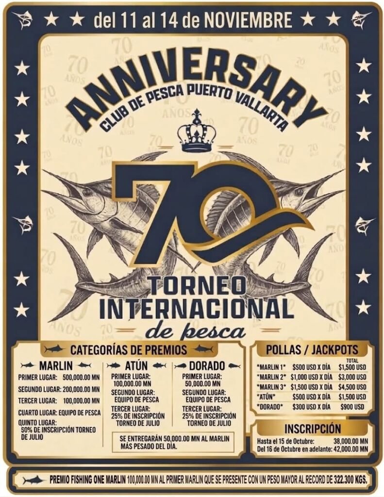 Torneo Internacional de Pesca Puerto Vallarta 70.ª Edición 2 Convocatoria oficial con pollas jackpots en dolares y costos de inscripción para el torneo de pesca del Club de Pesca Puerto Vallarta.
