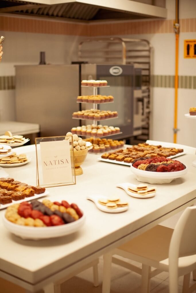 Exhibidor escalonado de minicupcakes con betún de mantequilla y nuez pecan en la vitrina repostera de Natisa en Fluvial.