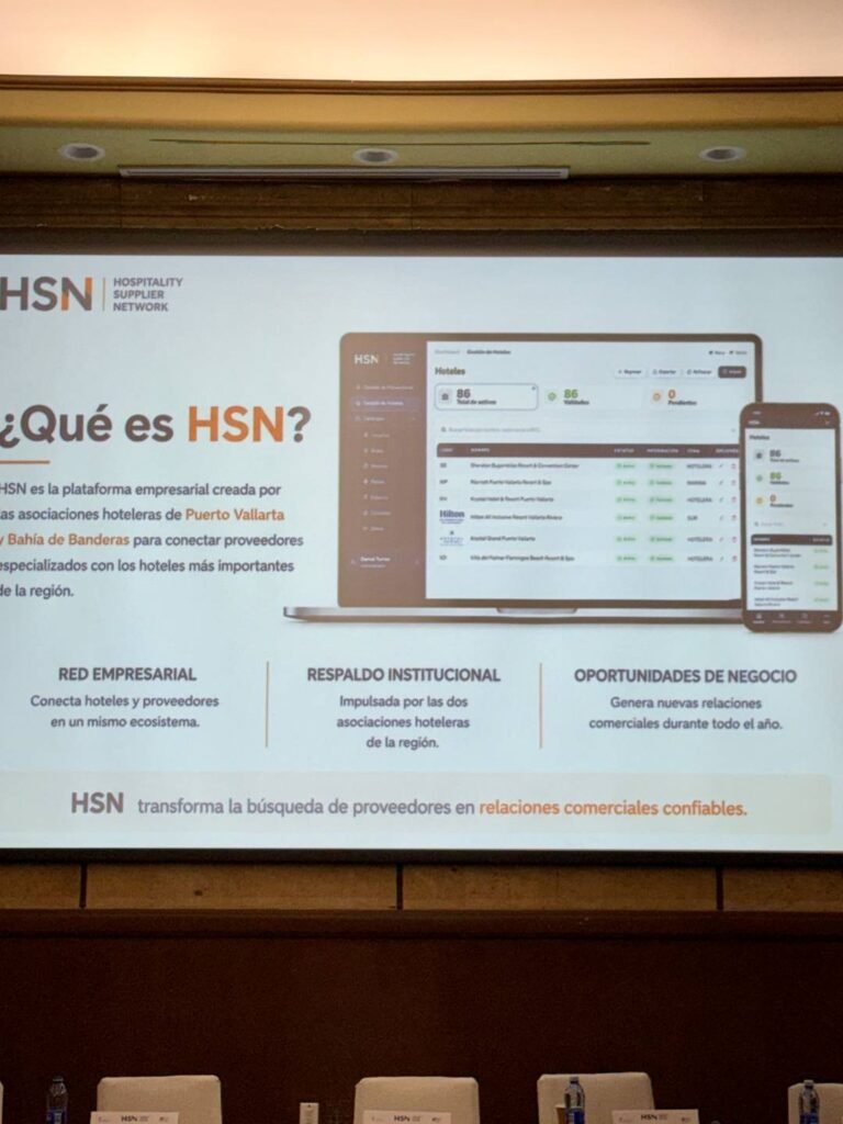 Interfaz digital de Hospitality Supplier Network mostrando panel de gestión hotelera y validación de proveeduría especializada.