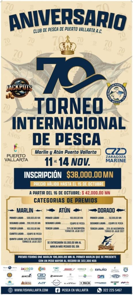 Torneo Internacional de Pesca Puerto Vallarta 70.ª Edición 1 Tabla de premios oficial para categorías marlin atun y dorado del torneo de pesca deportiva en Puerto Vallarta y récord histórico Fishing One.