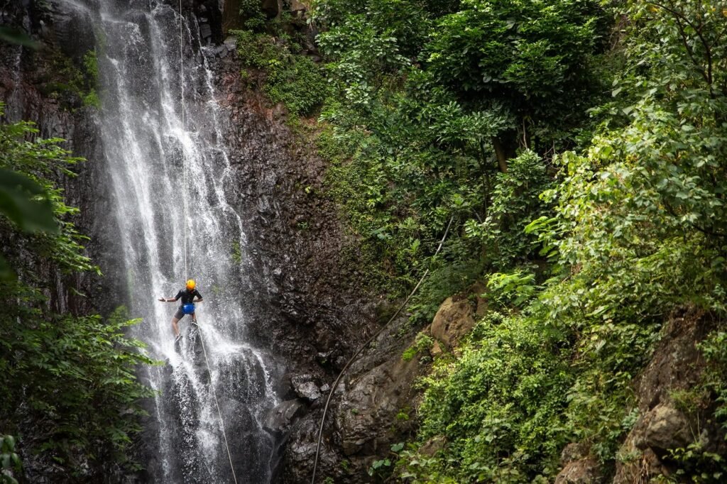 Tours en Tequila Jalisco: Aventura, Trenes y Cascadas Ocultas 4 Aventurero descendiendo a rappel por una impresionante cascada oculta rodeada de selva tropical.